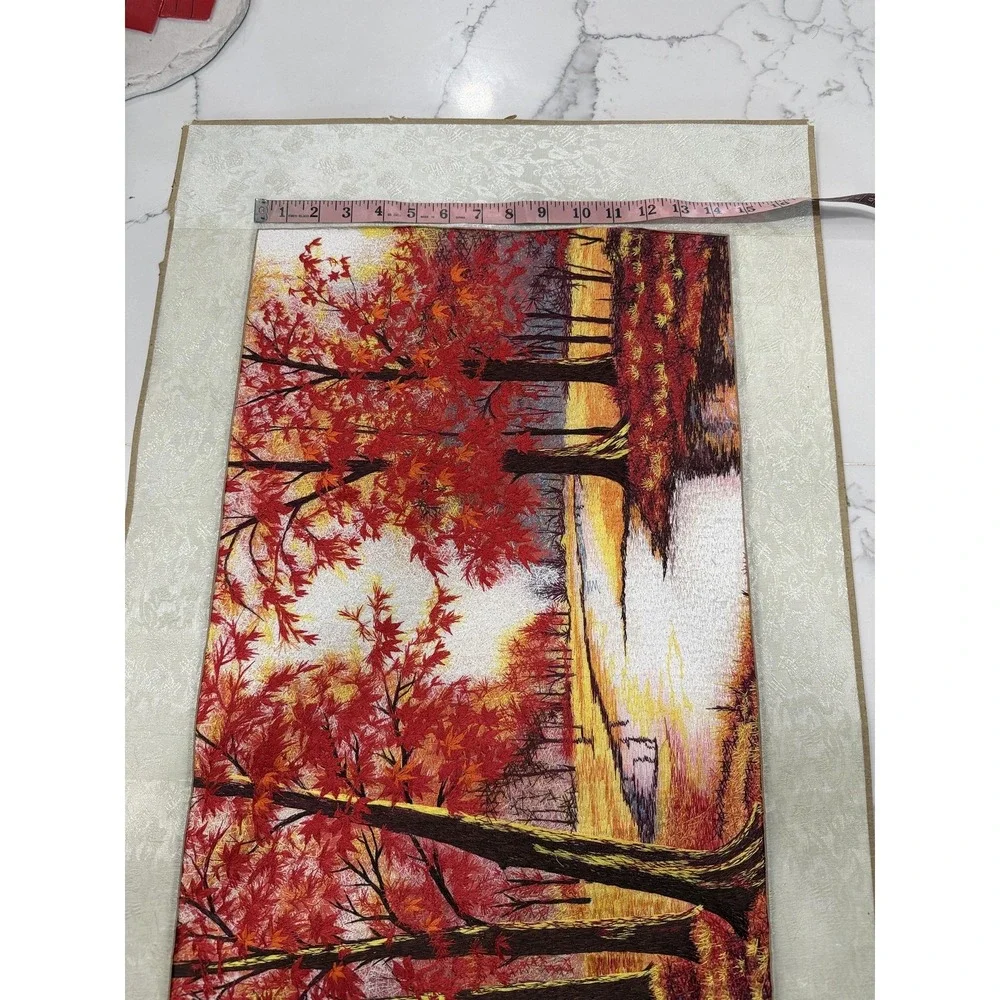 Autumn Red Trees River Landscape Embroidered Tapestry‎ Fabric Wall Art Panel